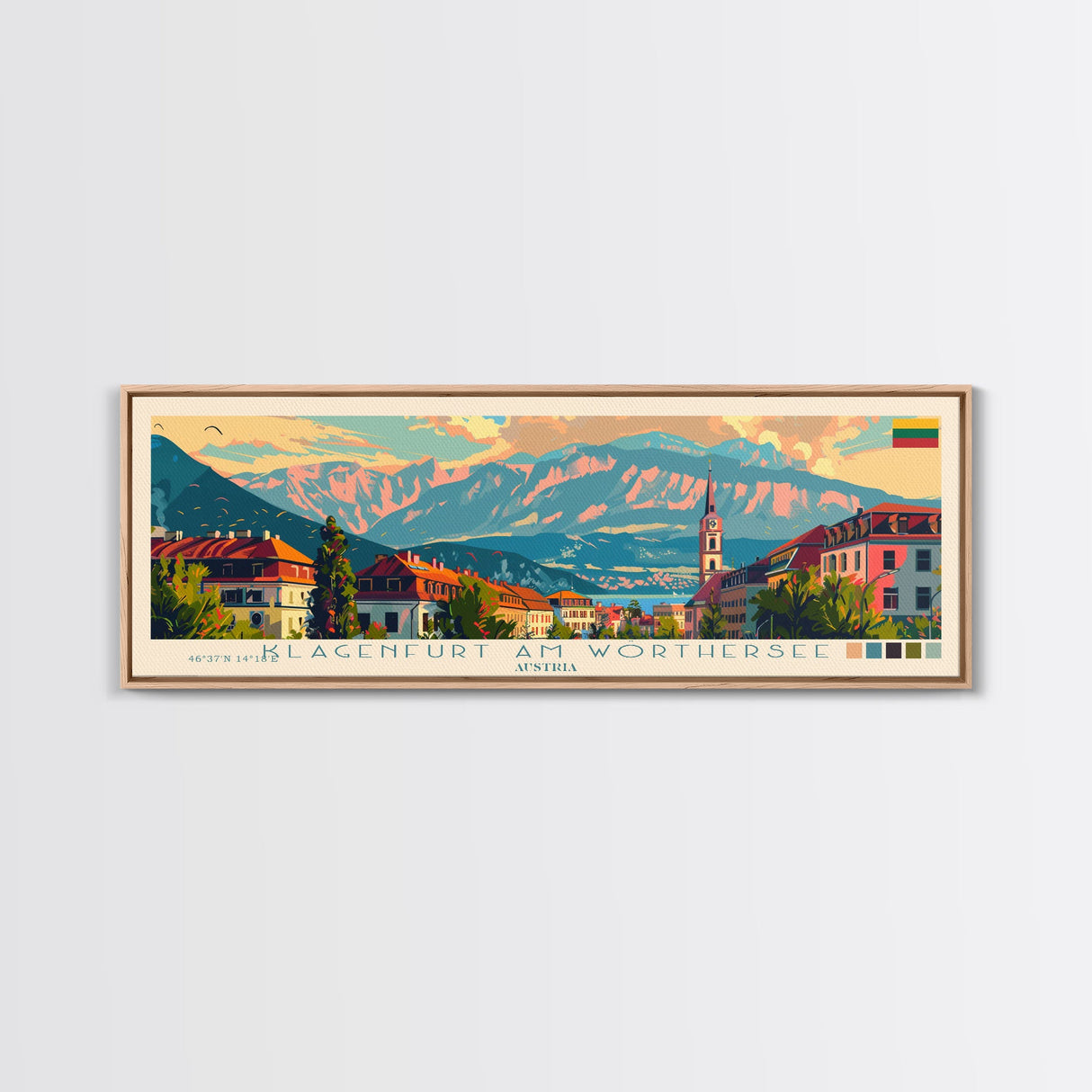 Klagenfurt Austria Panoramic Travel Poster, Framed Canvas Print or Metal Wall Art, Travel Art, Home Decor, Panoramic Painting, Midcentury Art