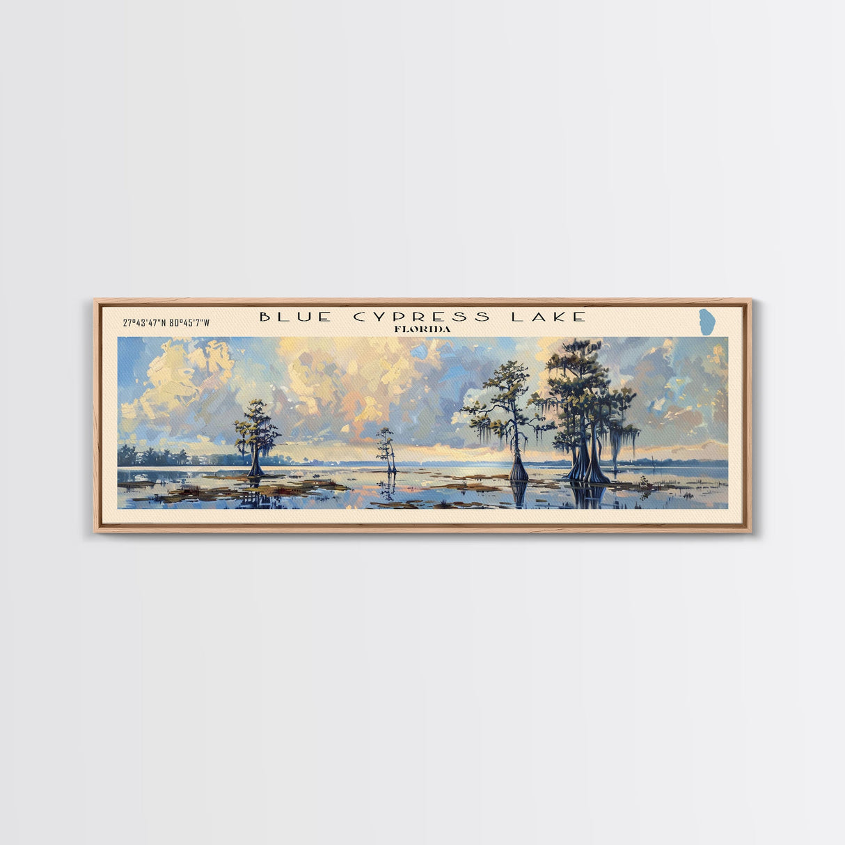 Blue Cypress Lake Florida Framed Canvas Print, Lake House Art, Panoramic Scenic View, Travel Poster, Modern Decor, Lake Painting