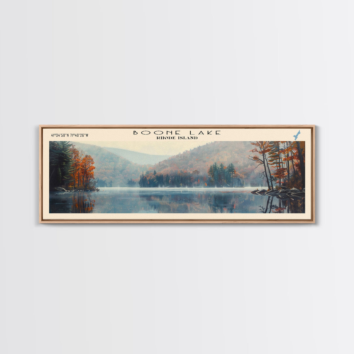 Boone Lake Rhode Island Framed Canvas Print, Panoramic Lake House Decor, Scenic View, Travel Poster, Rustic Art, Lake Painting
