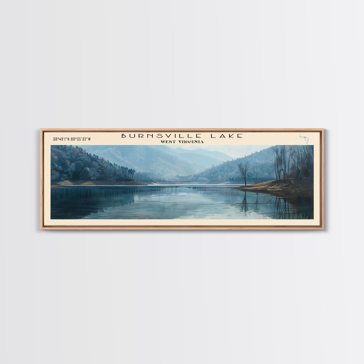 Burnsville Lake West Virginia Framed Canvas Print, Panoramic Lake House Decor, Wall Art, Travel Poster, Modern Lake Painting, Nature Art