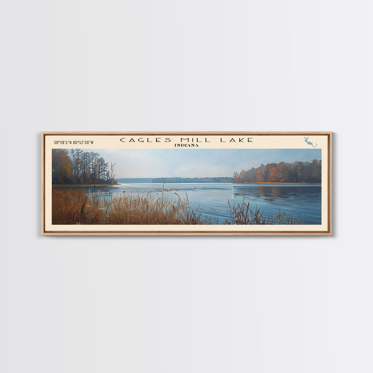 Cagles Mill Lake Indiana Framed Canvas Print, Lake House Art, Panoramic Travel Poster, Wall Art, Modern Lake Painting, Home Decor