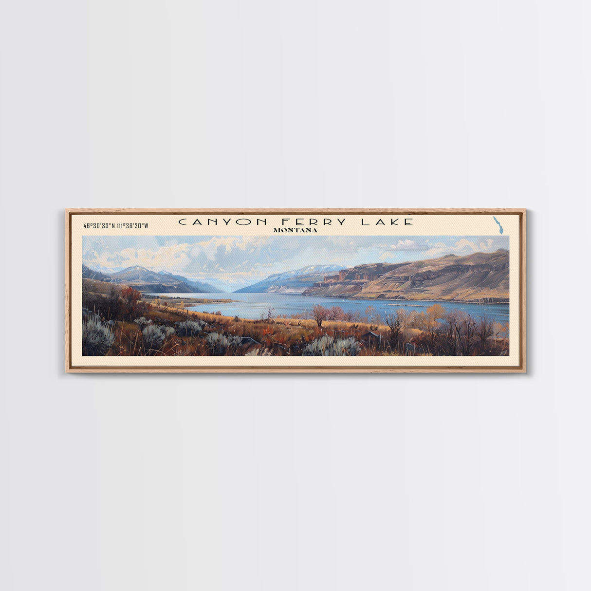 Canyon Ferry Lake Framed Canvas Print, Panoramic Lake House Decor, Wall Art, Travel Poster, Modern Lake Painting, Home Decor