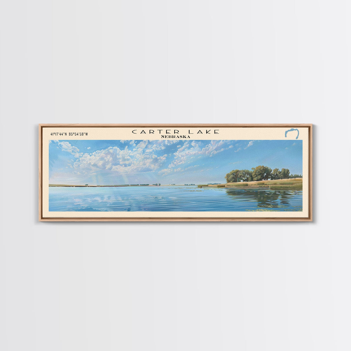Carter Lake Nebraska Framed Canvas Print, Lake House Art, Panoramic Wall Art, Travel Poster, Modern Lake Painting, Home Decor