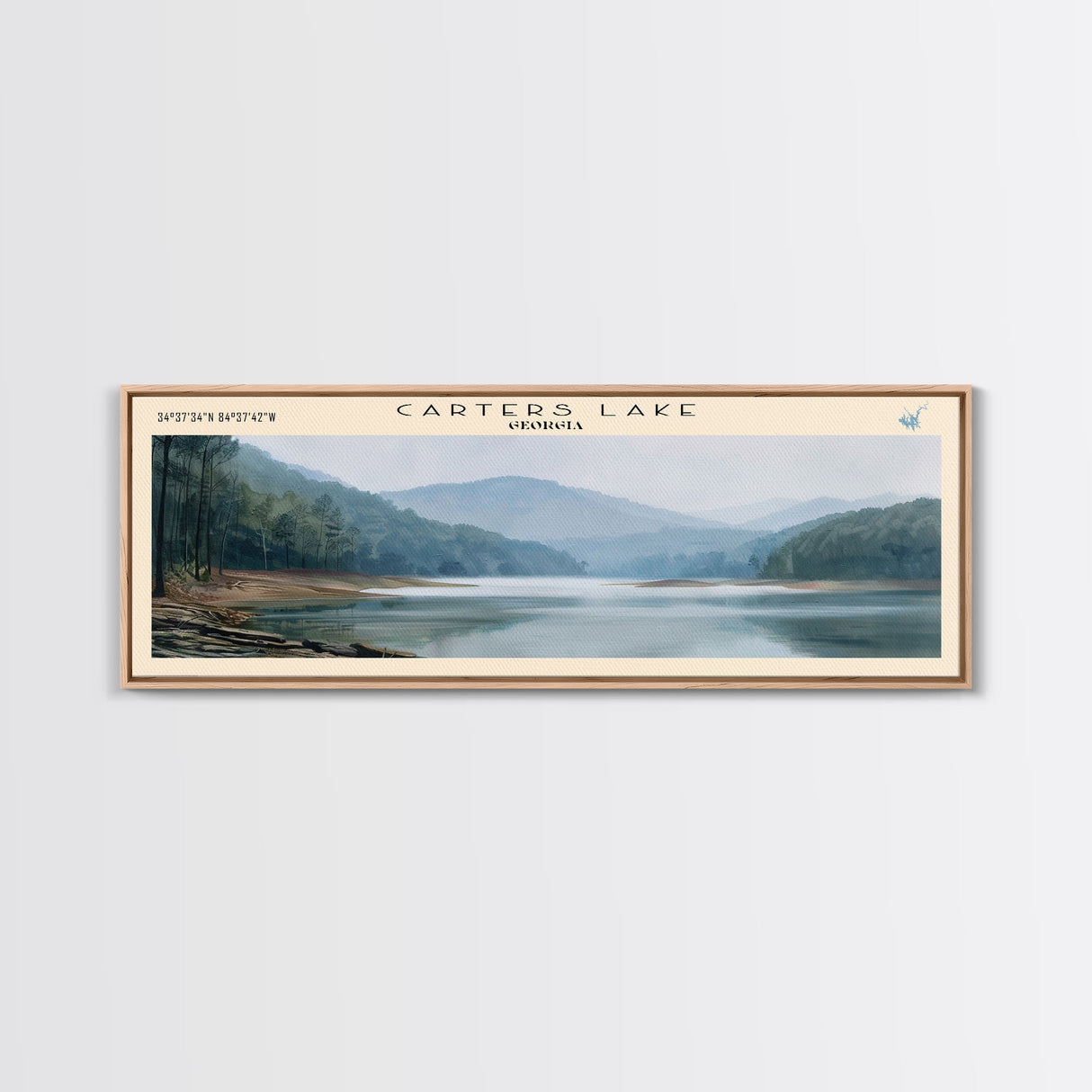Carters Lake Georgia Framed Canvas Print, Panoramic Lake House Decor, Wall Art, Travel Poster, Rustic Lake Painting, Nature Art