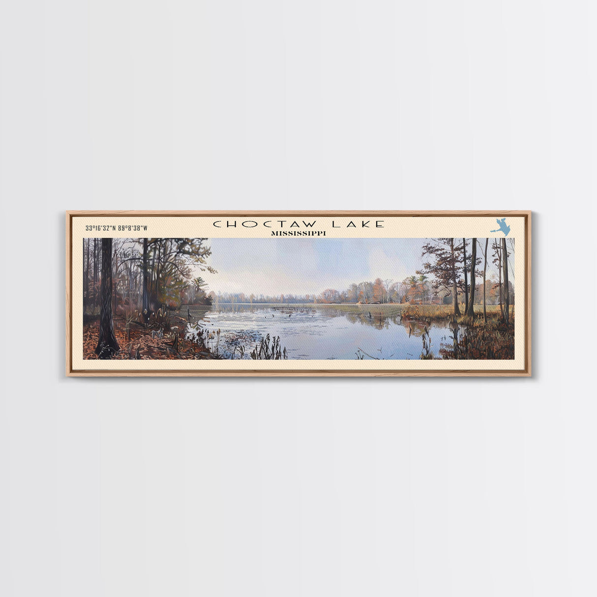 Choctaw Lake Mississippi Framed Canvas Print, Lake House Art, Panoramic Wide Wall Art, Travel Poster, Rustic Lake Painting, Home Decor