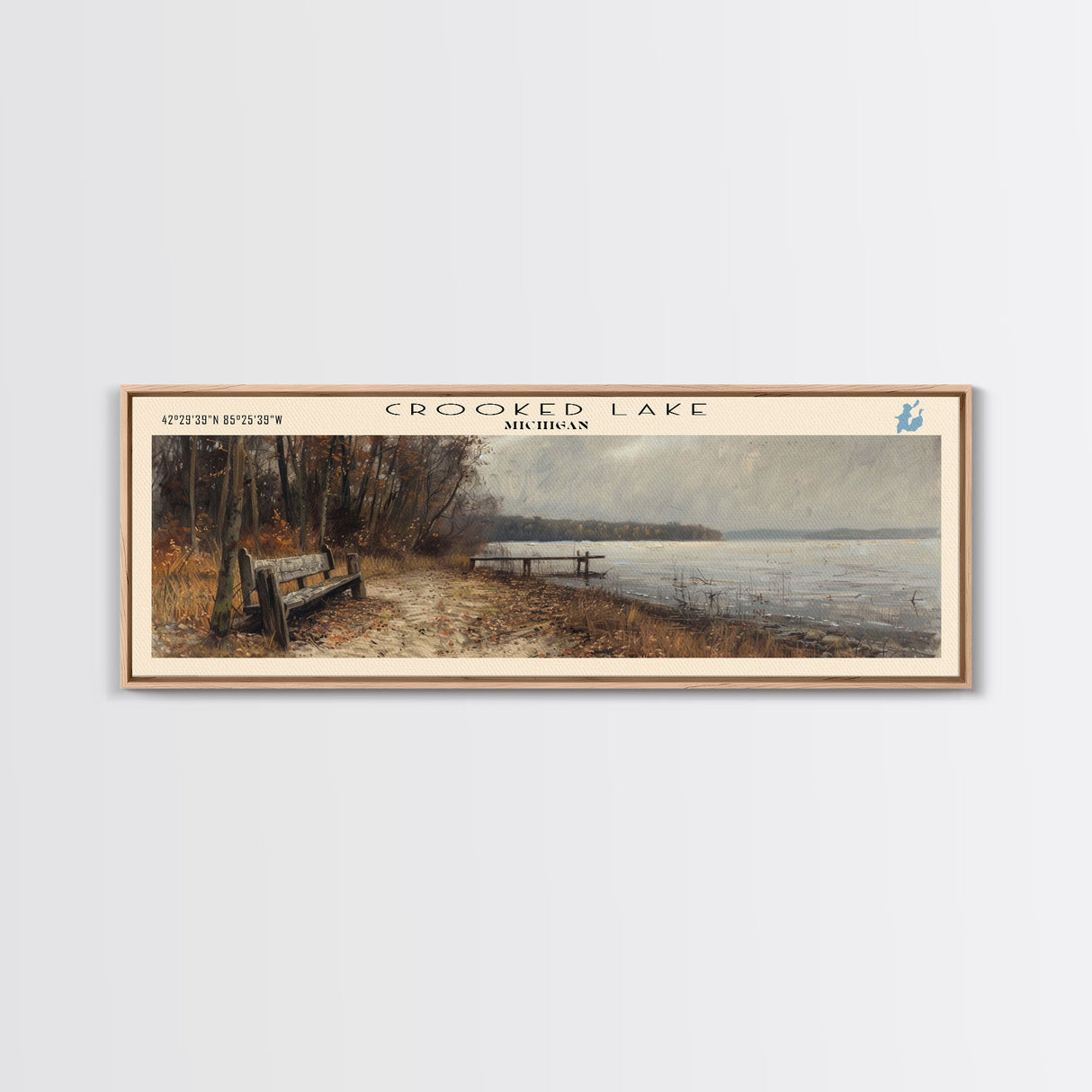 Crooked Lake Michigan Framed Canvas Print, Lake House Art, Panoramic Wall Art, Travel Poster, Minimalist Lake Painting, Home Decor