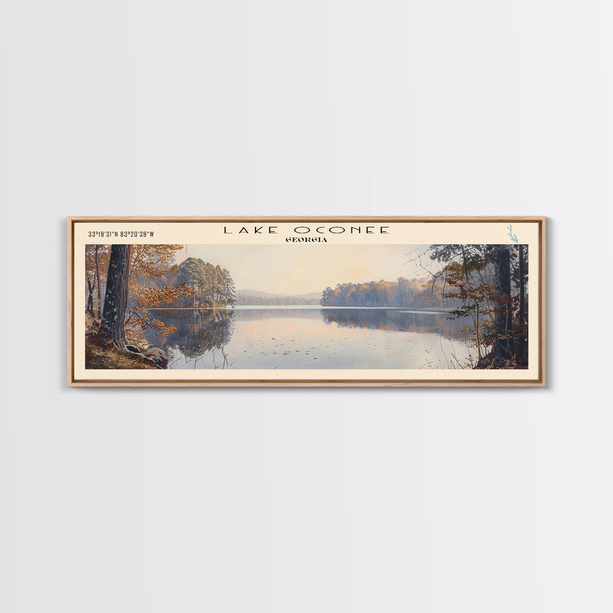Lake Oconee Georgia Framed Canvas Print, Lake House Decor, Panoramic Wall Art, Travel Poster, Serene Landscape Painting, Living Room Decor