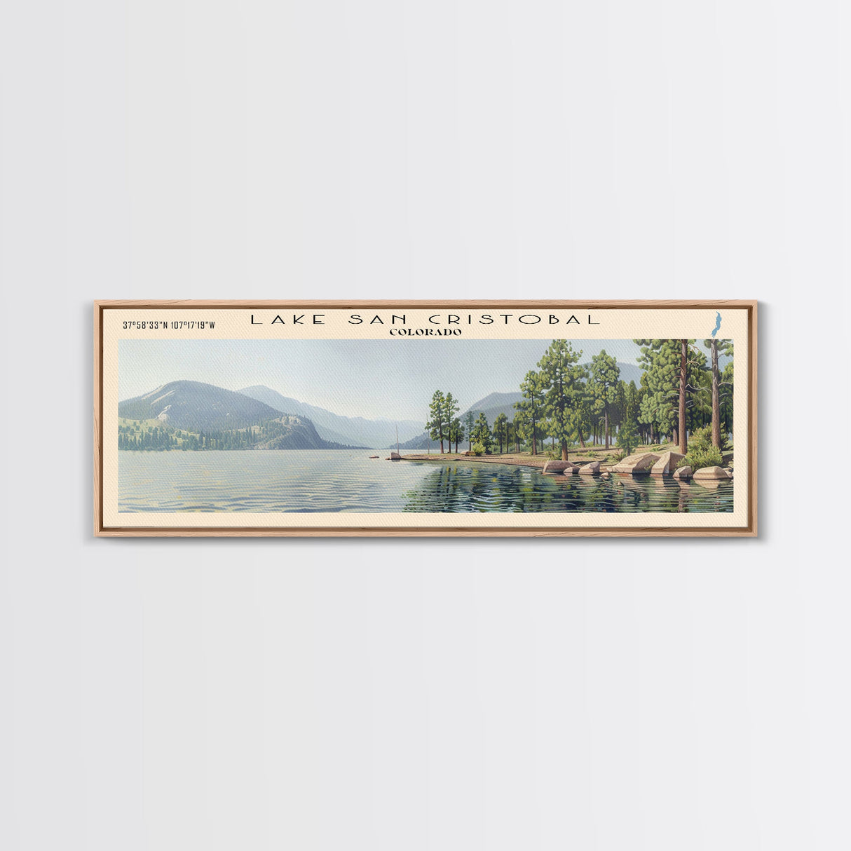 Lake San Cristobal, Boho Art, Beautiful Landscape, Travel Poster Art, Wall Art, Home Decor, Nature Scene, Lake Painting, Minimalist Art, Living Room Decor, Travel Print, Framed Canvas Print, Lake House Decor, Panoramic Print