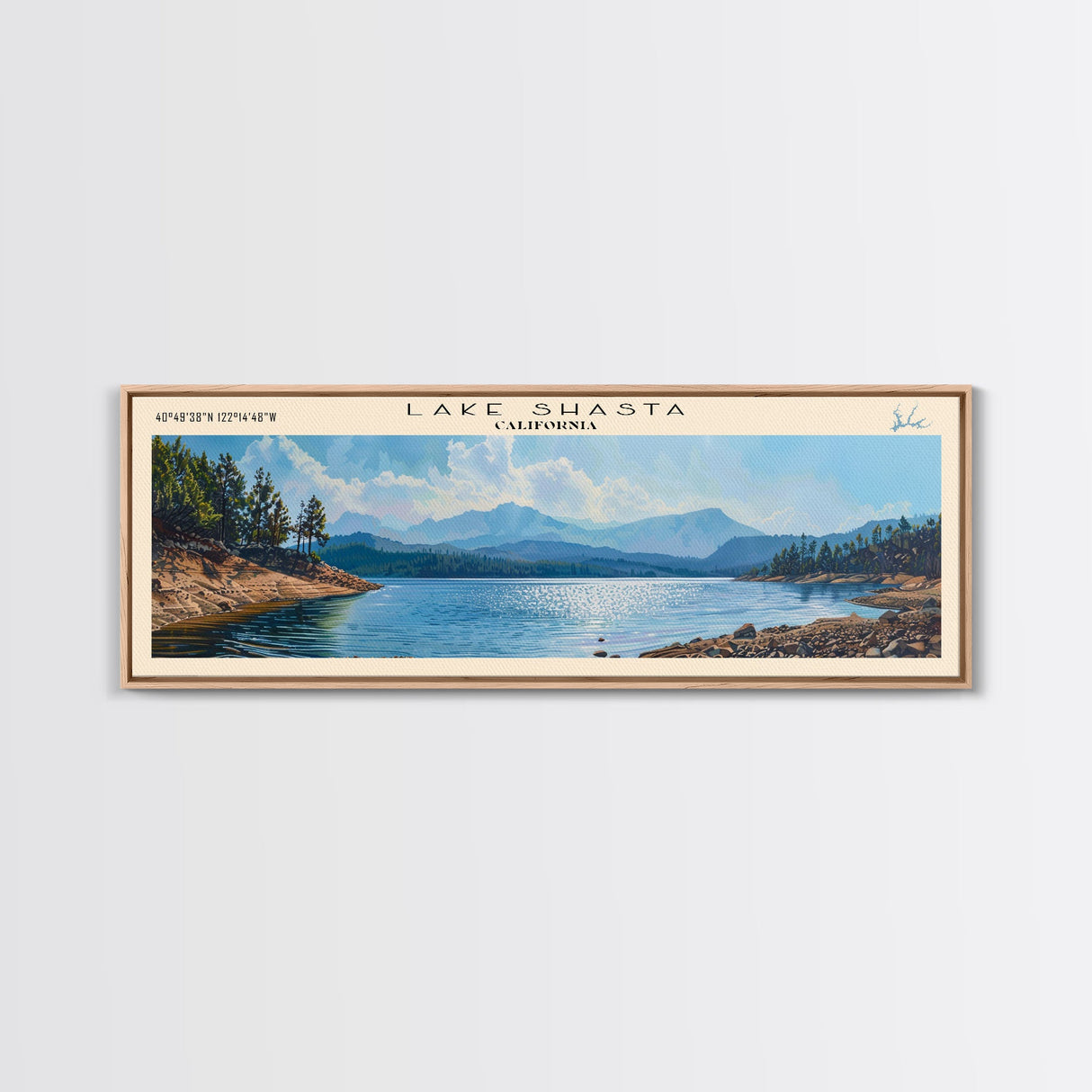 Lake Shasta, Boho Art, Beautiful Landscape, Travel Poster Art, Wall Art, Home Decor, Nature Scene, Lake Painting, Minimalist Art, Rustic Art, Travel Print, Framed Canvas Print, Lake House Decor, Panoramic Print