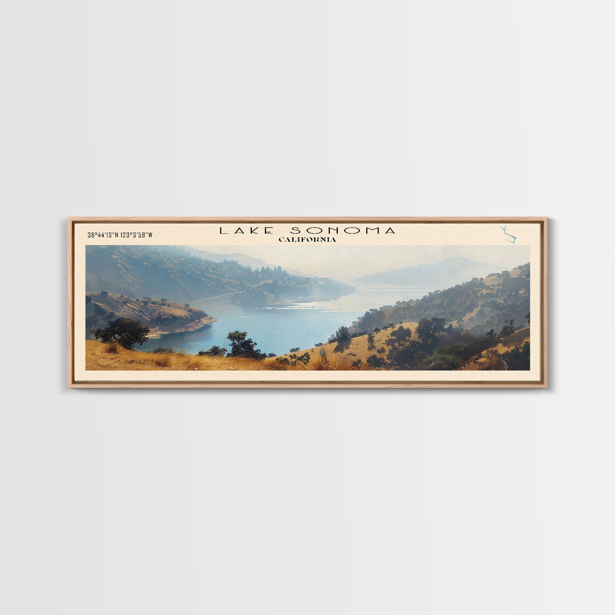 Lake Sonoma California Framed Canvas Print, Lake House Decor, Panoramic Wall Art, Travel Poster, Stunning Landscape Painting, Contemporary Art