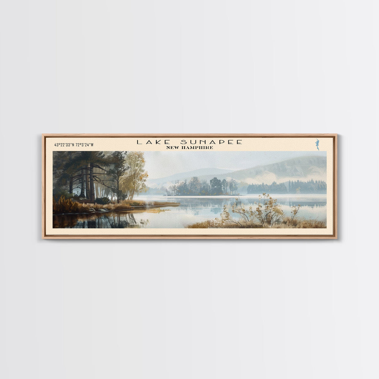 Lake Sunapee New Hampshire Framed Canvas Print, Lake House Decor, Panoramic Wall Art, Travel Poster, Scenic Landscape Painting, Living Room Decor