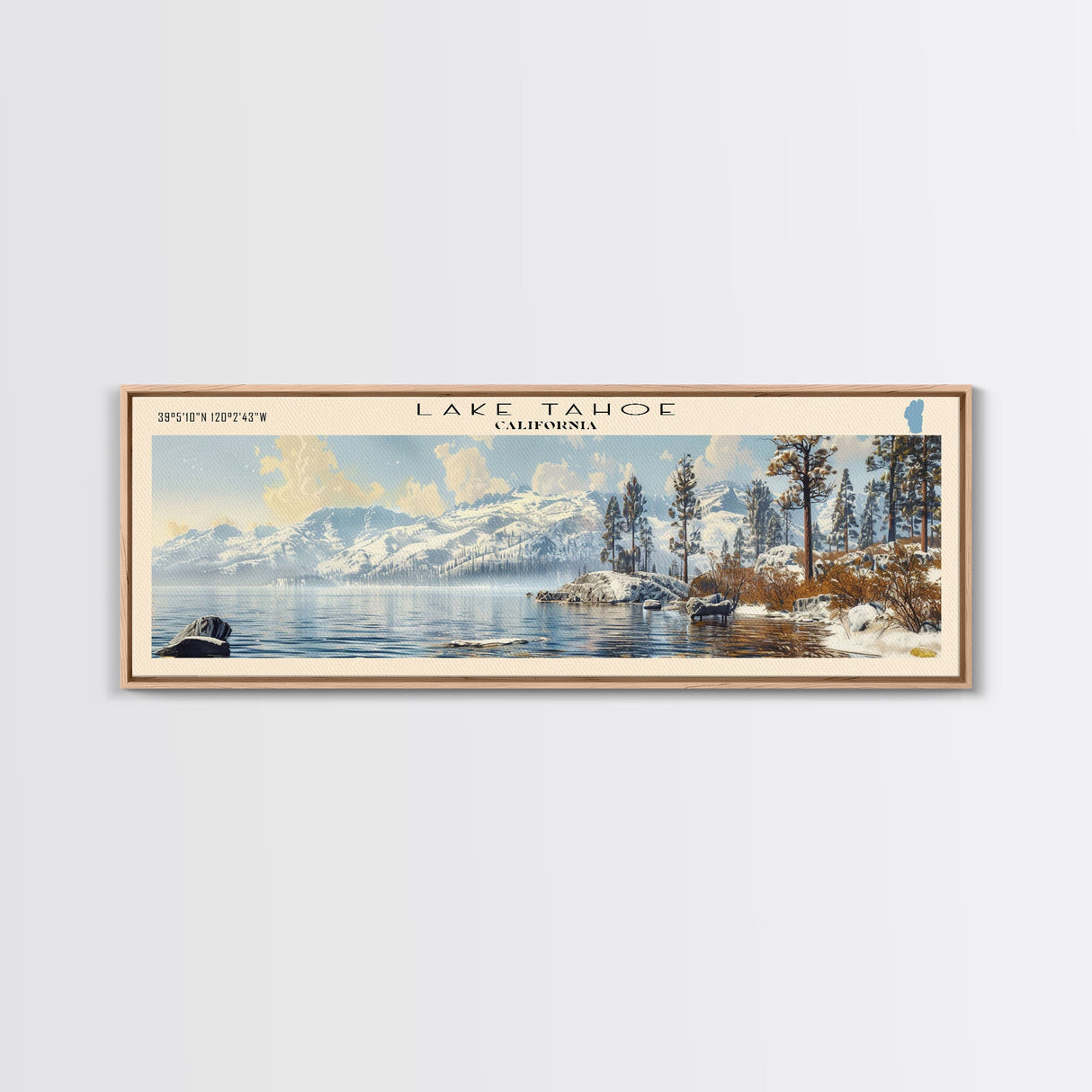 Lake Tahoe Framed Canvas Print, Lake House Decor, Panoramic Wall Art, Travel Poster, Stunning Landscape Painting, Contemporary Art