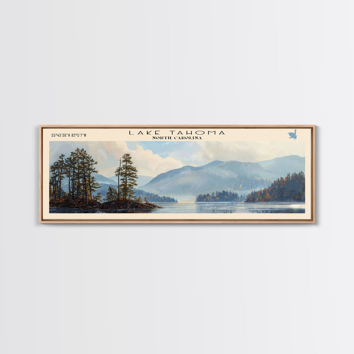 Lake Tahoma North Carolina Framed Canvas Print, Lake House Decor, Panoramic Wall Art, Travel Poster, Serene Landscape Painting, Rustic Art