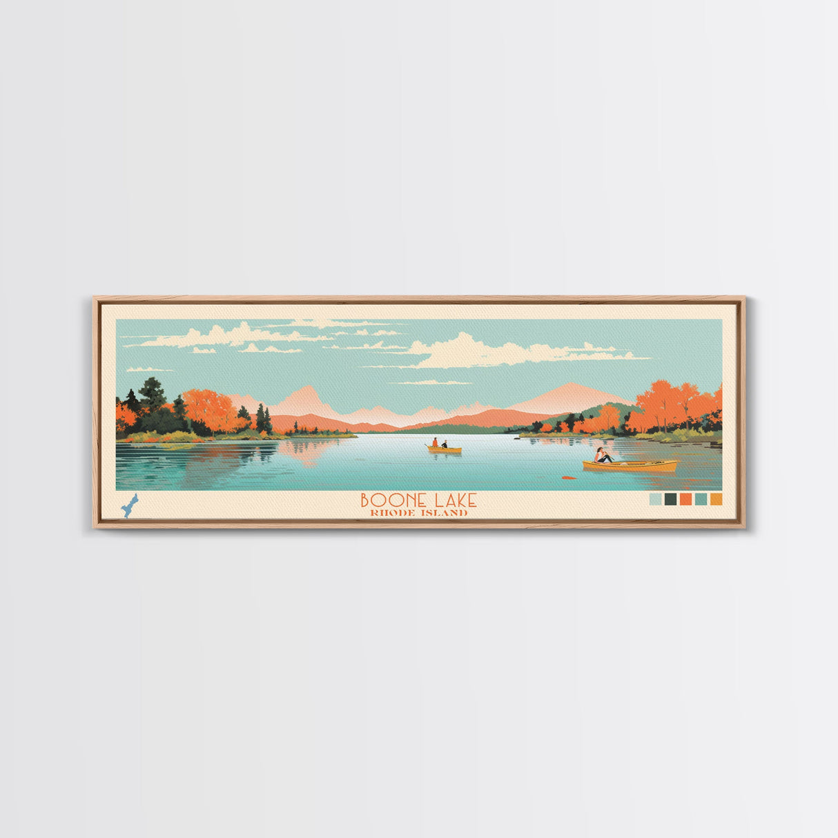 Boone Lake Rhode Island Framed Canvas Print, Panoramic Travel Poster, Midcentury Modern Wall Art, Pop Art, Nature Bedroom Decor, Scenic Lake House Art