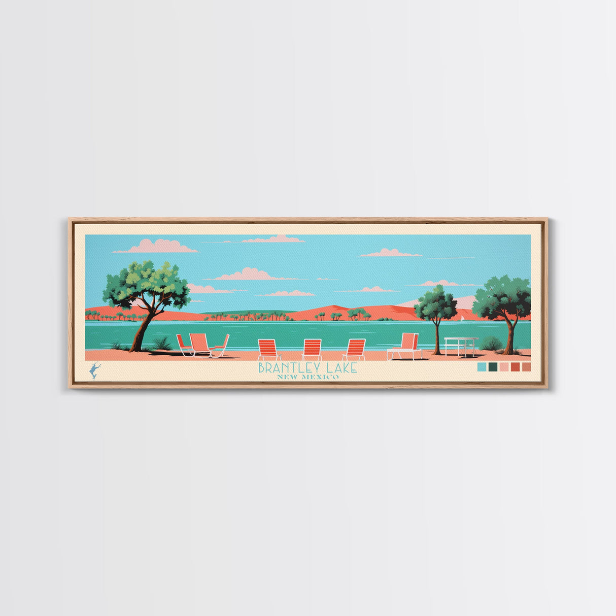 Brantley Lake New Mexico Framed Canvas Print, Midcentury Modern Panoramic Wall Art, Living Room Decor, Pop Art, Travel Poster Art, Scenic Nature Painting