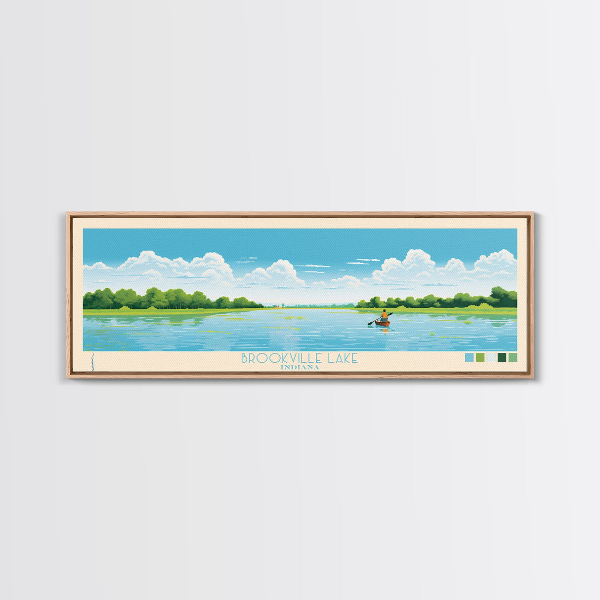 Brookville Lake Indiana Framed Canvas Print, Midcentury Modern Panoramic Wall Art, Living Room Decor, Pop Art, Travel Poster Art, Nature Painting