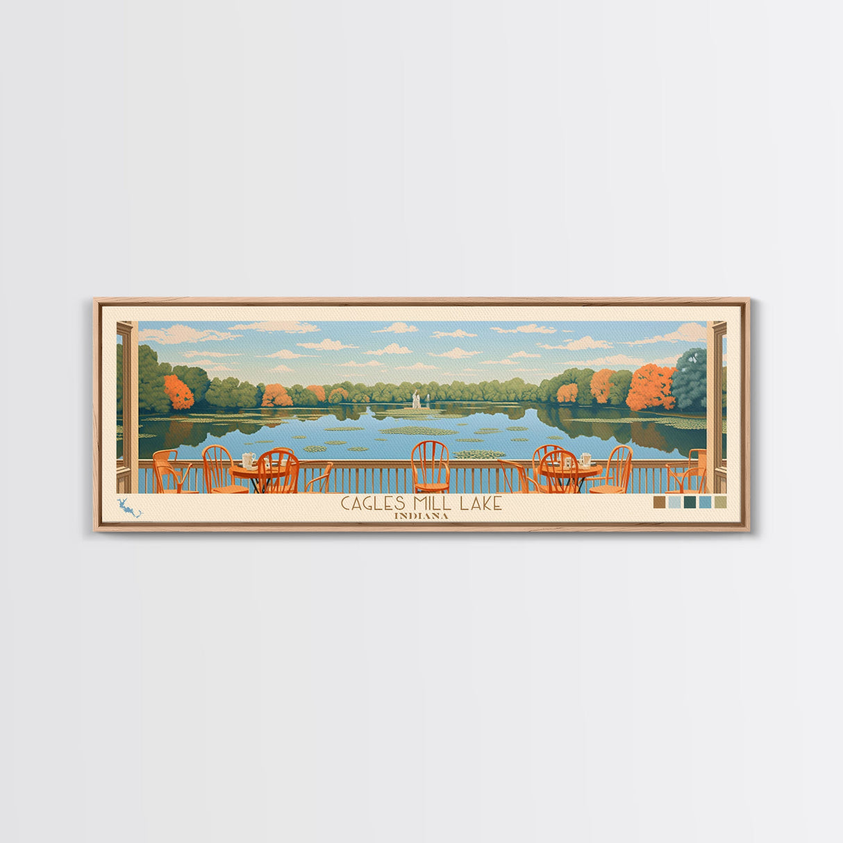 Cagles Mill Lake Indiana Framed Canvas Print, Midcentury Modern Panoramic Wall Art, Living Room Decor, Pop Art, Travel Poster Art, Scenic Nature Painting