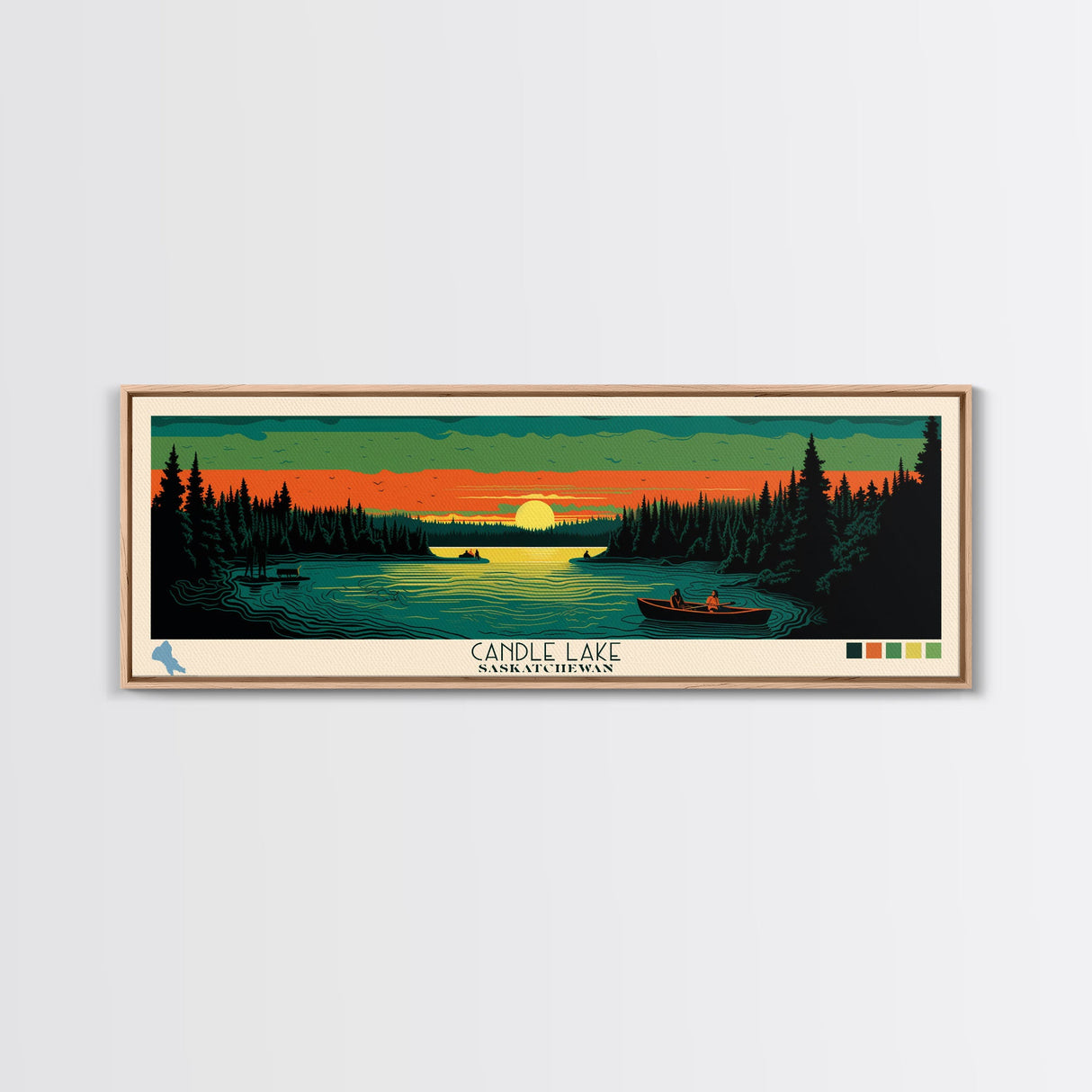 Candle Lake Saskatchewan Framed Canvas Print, Midcentury Modern Panoramic Wall Art, Living Room Decor, Pop Art, Travel Poster Art, Scenic Nature Painting