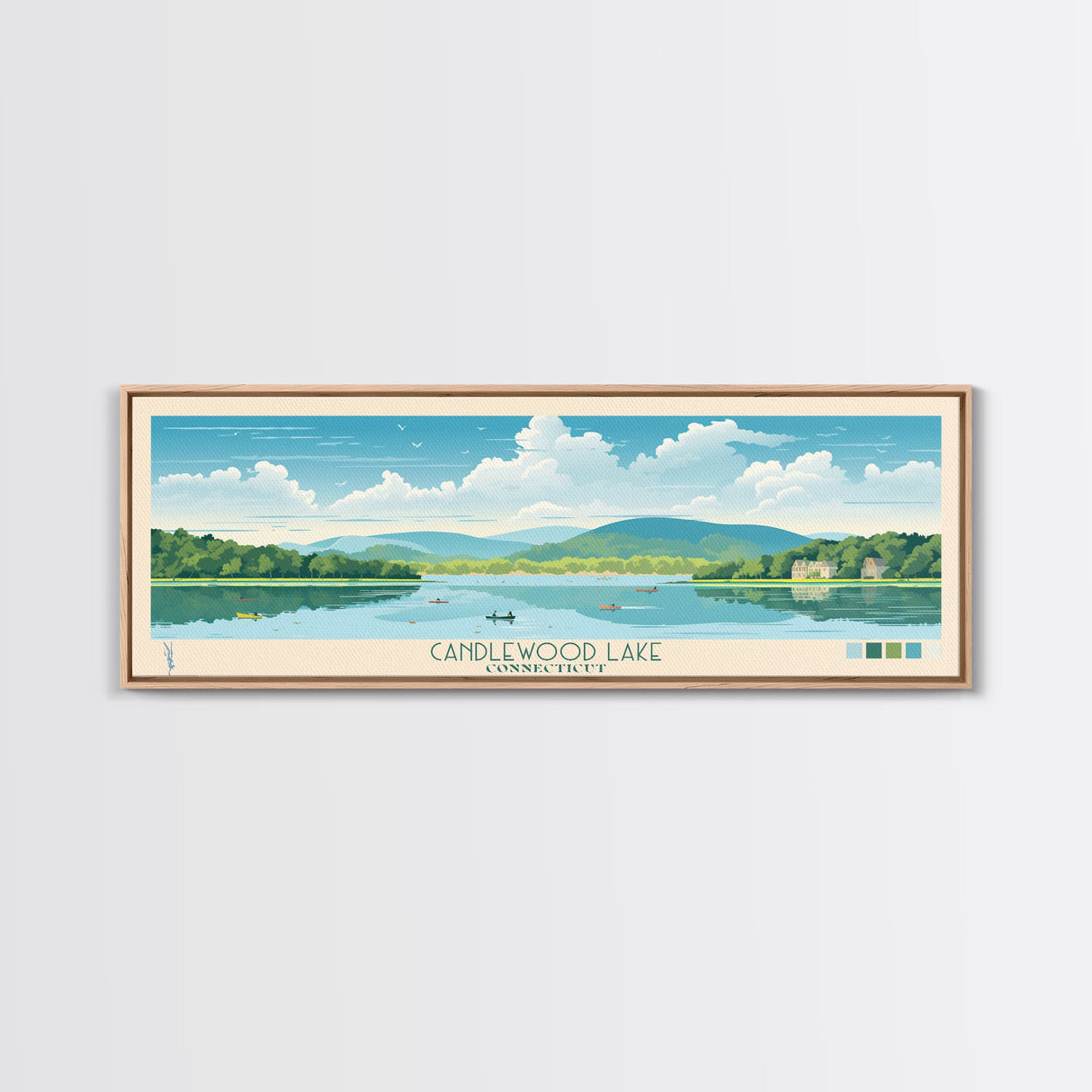 Candlewood Lake Connecticut Framed Canvas Print, Pop Art Panoramic Travel Poster, Midcentury Modern, Wall Art, Scenic Nature Painting, Bedroom Decor