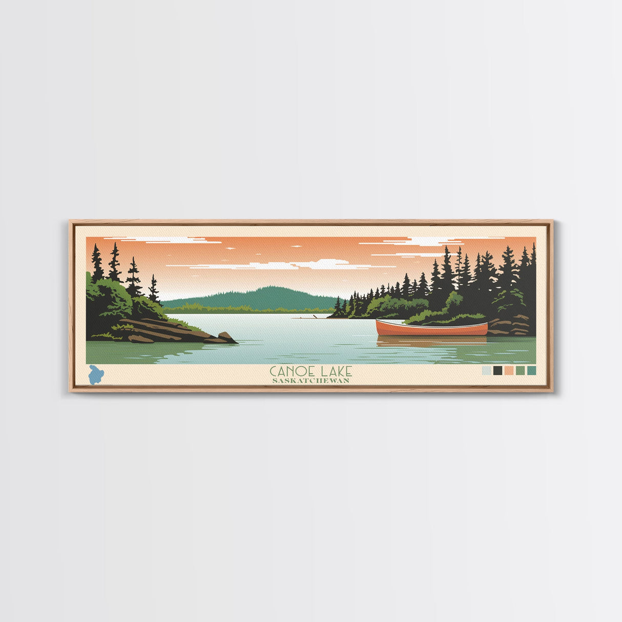 Canoe Lake Saskatchewan Framed Canvas Print, Midcentury Modern Panoramic Wall Art, Living Room Decor, Pop Art, Travel Poster Art, Scenic Nature Painting