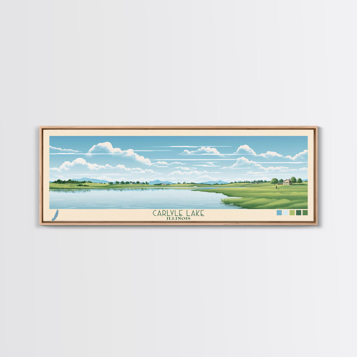 Carter Lake Nebraska Framed Canvas Print, Midcentury Modern Panoramic Wall Art, Living Room Decor, Pop Art, Travel Poster Art, Scenic Nature Painting, Lake House Decor
