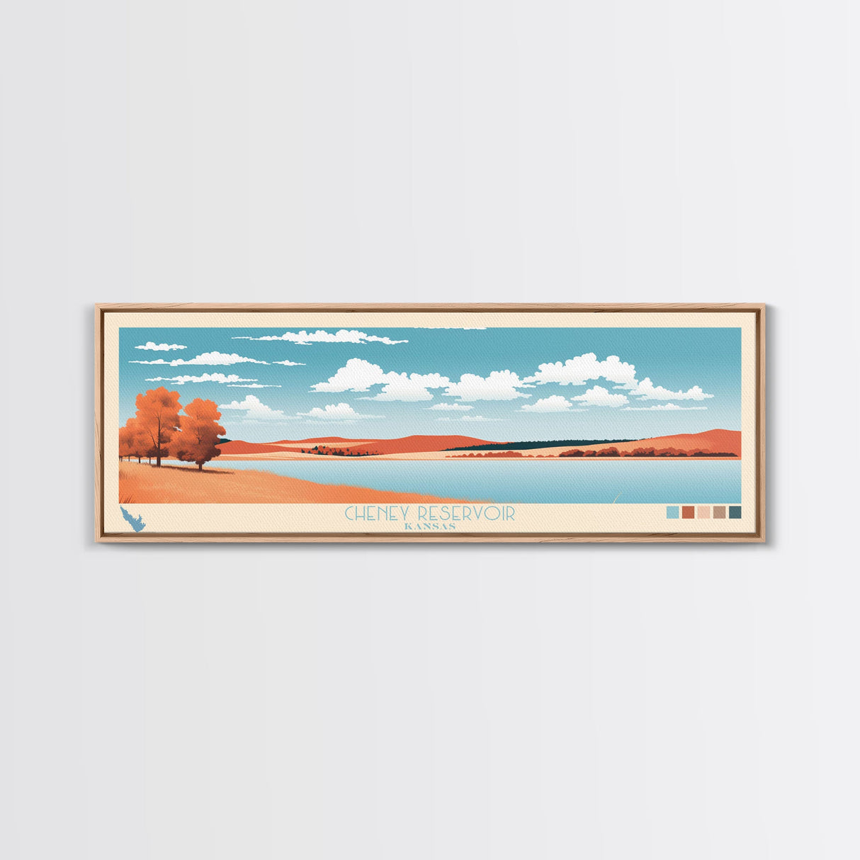 Cheney Reservoir Kansas Framed Canvas Print, Midcentury Modern Panoramic Wall Art, Living Room Decor, Pop Art, Travel Poster Art, Scenic Nature Painting, Lake House Decor