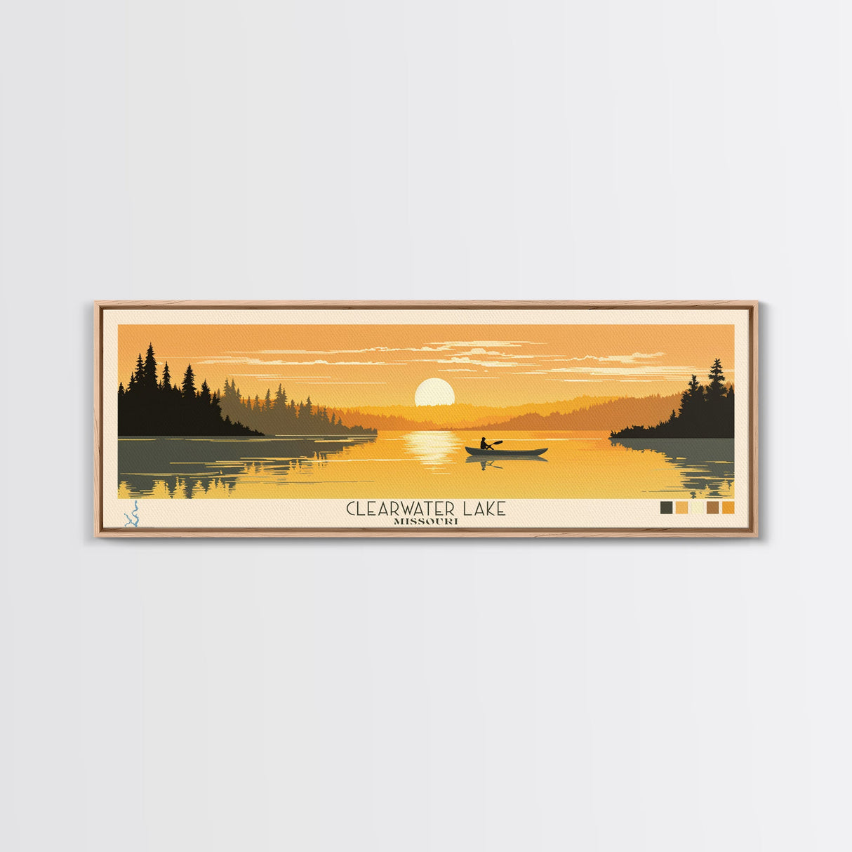 Clearwater Lake Missouri Framed Canvas Print, Pop Art Panoramic Travel Poster, Midcentury Modern, Wall Art, Scenic Nature Painting, Bedroom Decor, Living Room Art