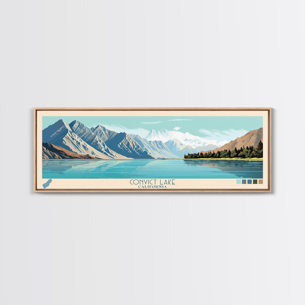 Convict Lake California Framed Canvas Print, Midcentury Modern Panoramic Wall Art, Living Room Decor, Pop Art, Travel Poster Art, Nature Art, Lake House Decor