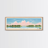 Coralville Lake Iowa Framed Canvas Print, Midcentury Modern Panoramic Wall Art, Living Room Decor, Pop Art, Travel Poster Art, Scenic Nature Painting, Lake House Decor
