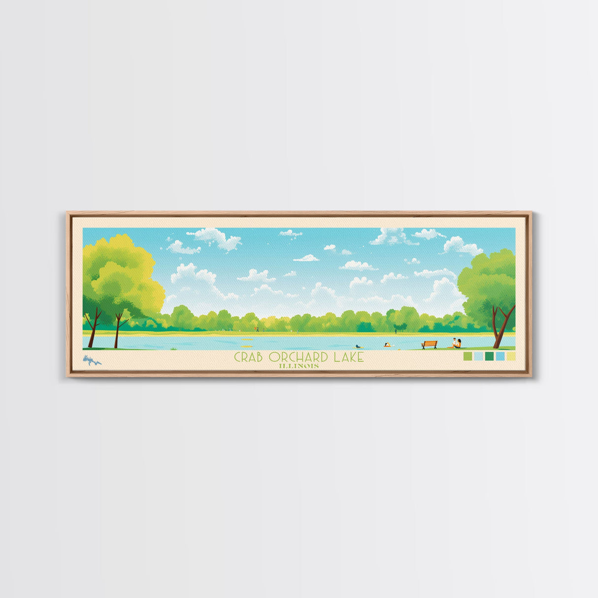 Crab Orchard Lake Illinois Framed Canvas Print, Midcentury Modern Panoramic Wall Art, Living Room Decor, Pop Art, Travel Poster Art, Scenic Nature Painting, Lake House Decor
