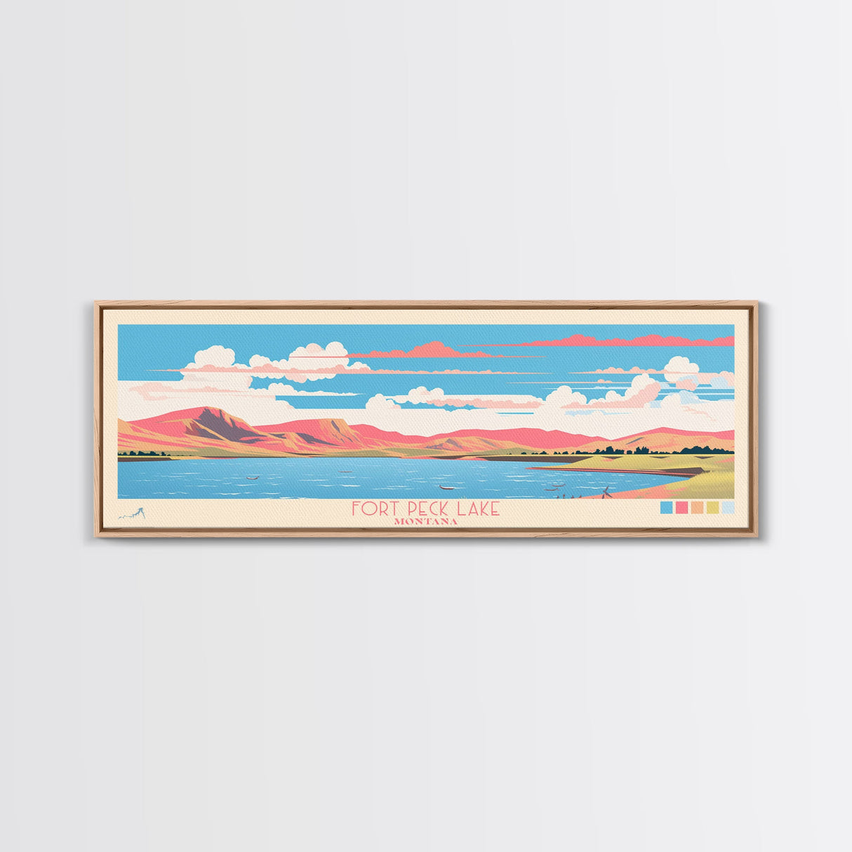 Fort Peck Lake Montana Framed Canvas Print, Panoramic Wall Art, Midcentury Modern, Pop Art, Bedroom Decor, Travel Poster, Nature Art, Artistic Decor