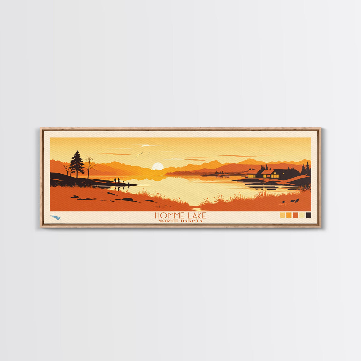 Homme Lake North Dakota Framed Canvas Print, Panoramic Wall Art, Midcentury Modern, Pop Art, Bedroom Decor, Travel Poster, Artistic Home Decor