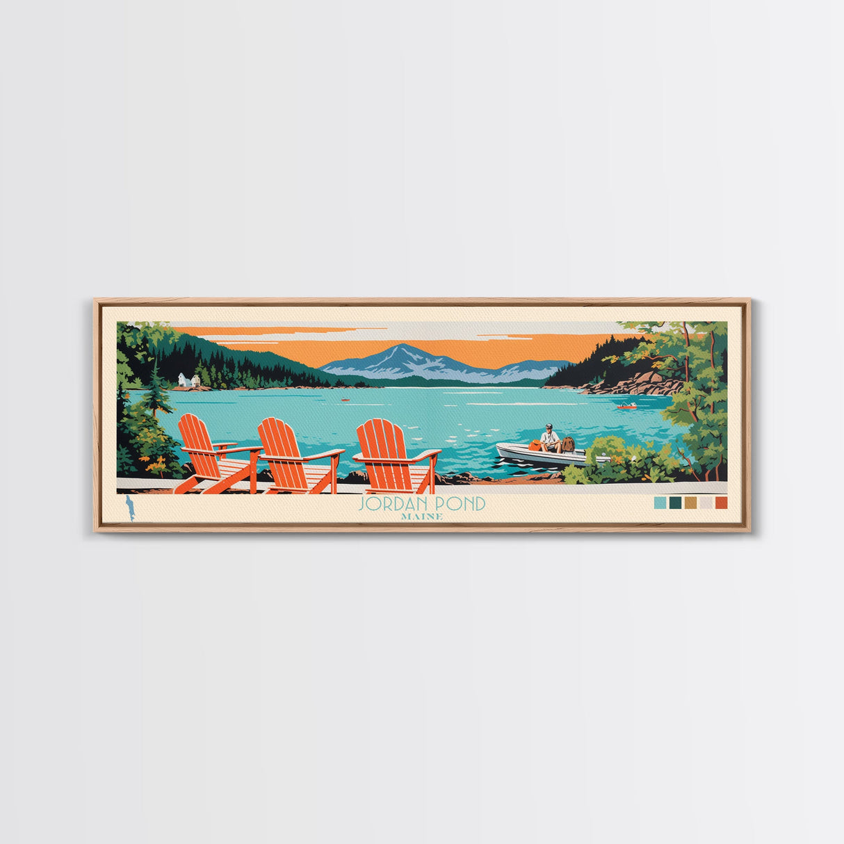 Jordan Pond Maine Framed Canvas Print, Panoramic Wall Art, Midcentury Modern, Pop Art, Bedroom Decor, Travel Poster, Artistic Home Decor