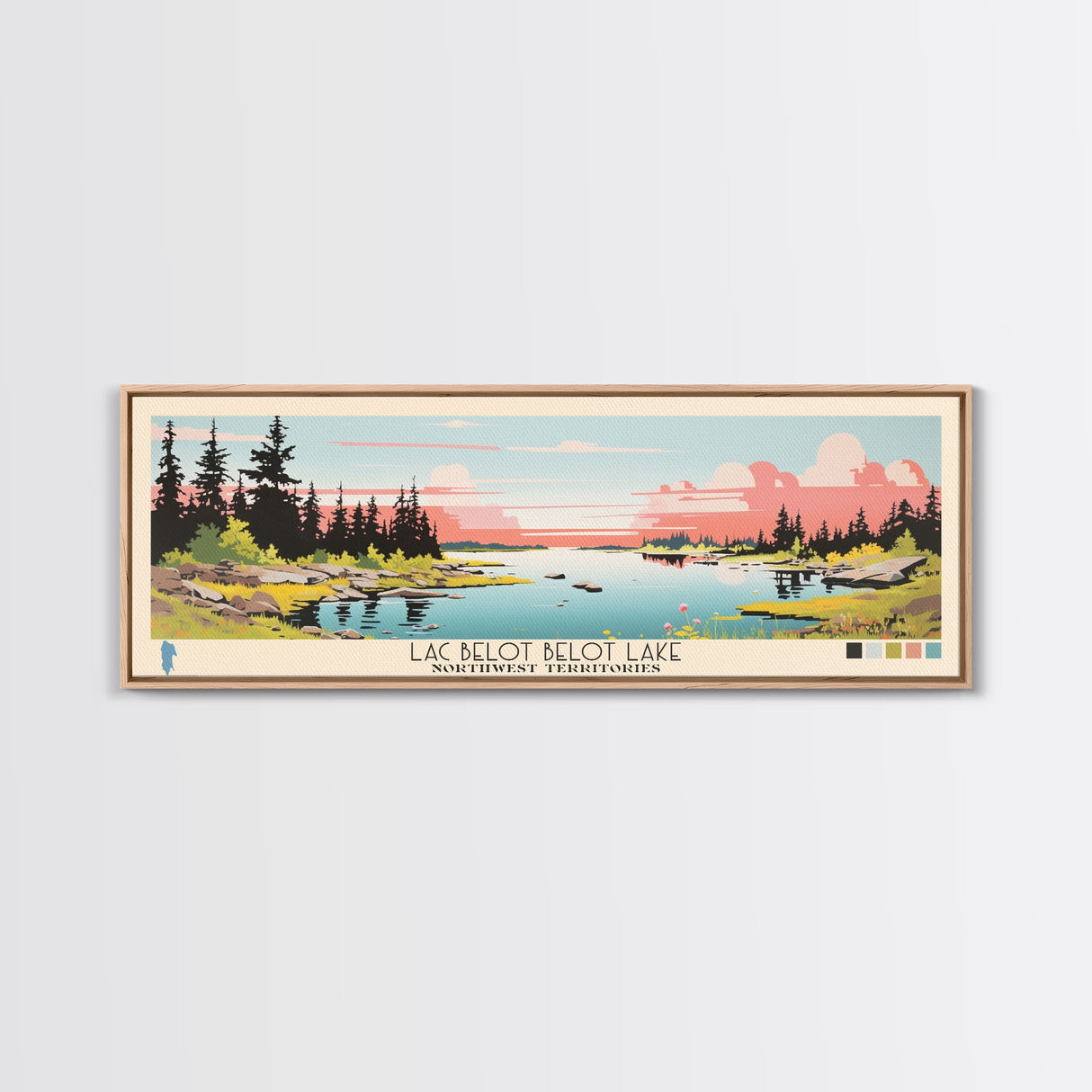 Lac Belot Northwest Territories Framed Canvas Print, Panoramic Wall Art, Midcentury Modern, Pop Art, Lake House Art, Travel Poster, Living Room Decor