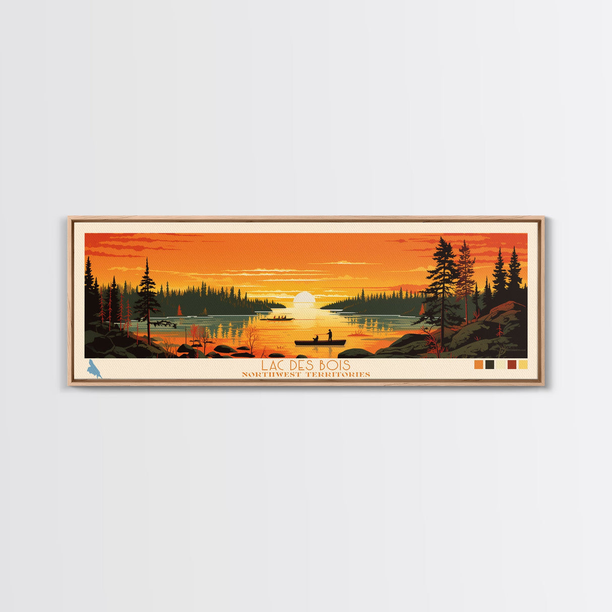 Lac Des Bois Northwest Territories Framed Canvas Print, Panoramic Art, Midcentury Modern, Pop Art, Living Room Wall Art, Travel Poster, Lake House Decor