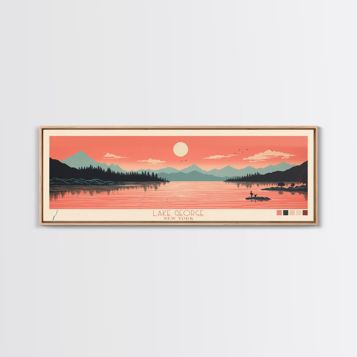Lake George New York Framed Canvas Print, Panoramic Art, Midcentury Modern, Pop Art, Living Room Wall Art, Travel Poster, Lake House Decor
