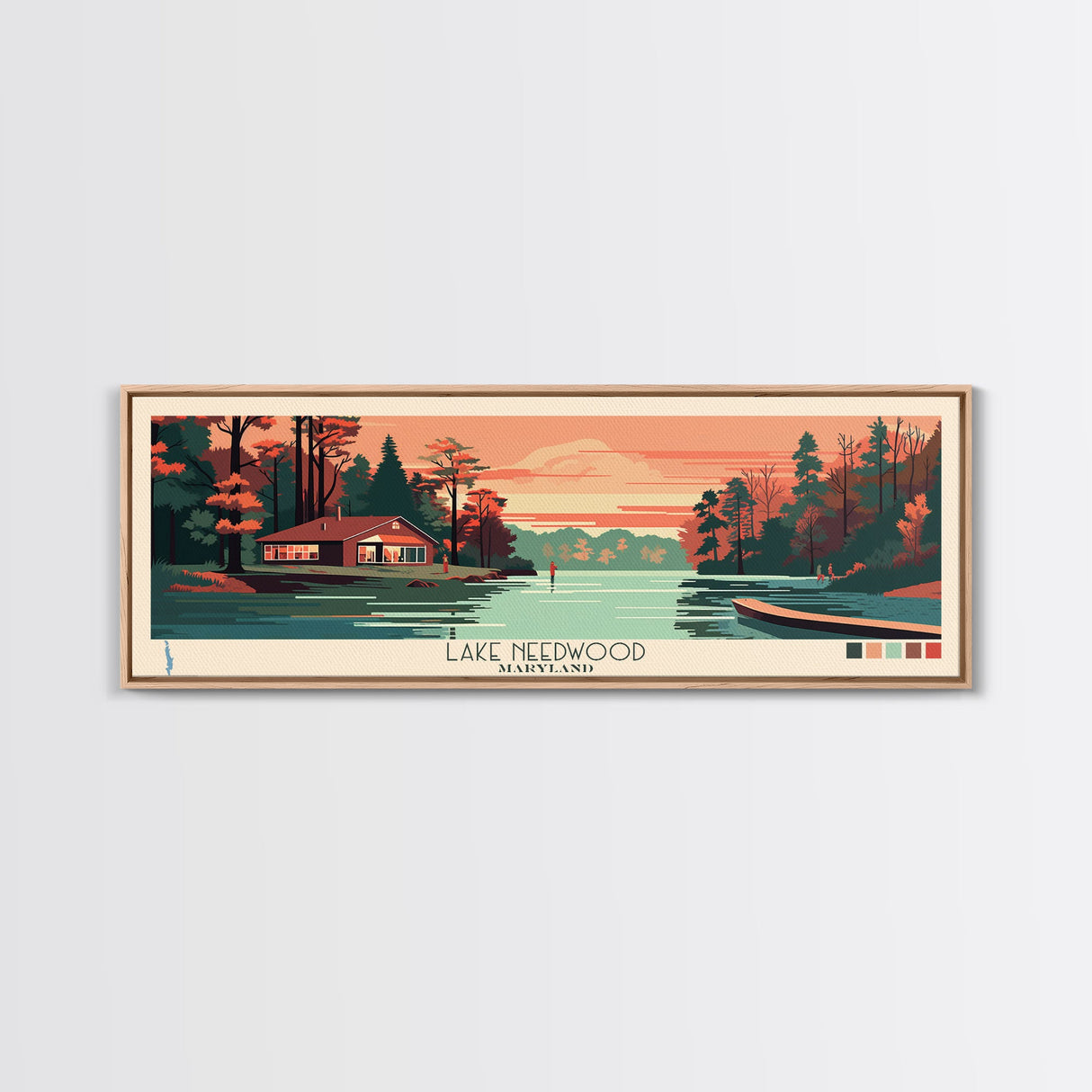 Lake Needwood Maryland Framed Canvas Print, Panoramic Wall Art, Midcentury Modern, Pop Art, Bedroom Art, Travel Poster, Lake House Decor