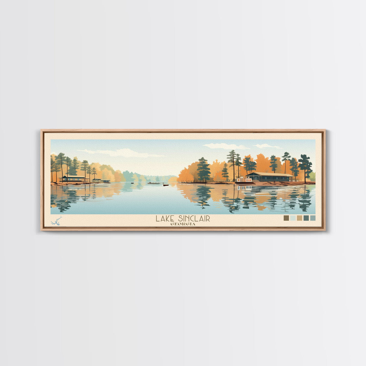 Lake Sinclair Georgia Framed Canvas Print, Panoramic Wall Art, Midcentury Modern, Pop Art, Living Room Decor, Travel Poster, Lake House Art
