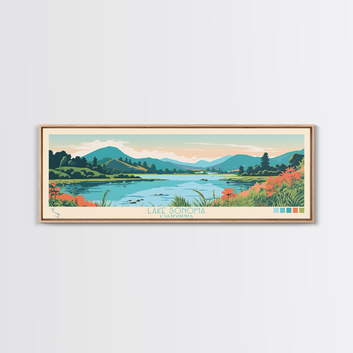 Lake Sonoma California Framed Canvas Print, Panoramic Wall Art, Midcentury Modern, Pop Art, Living Room Decor, Travel Poster, Lake House Art
