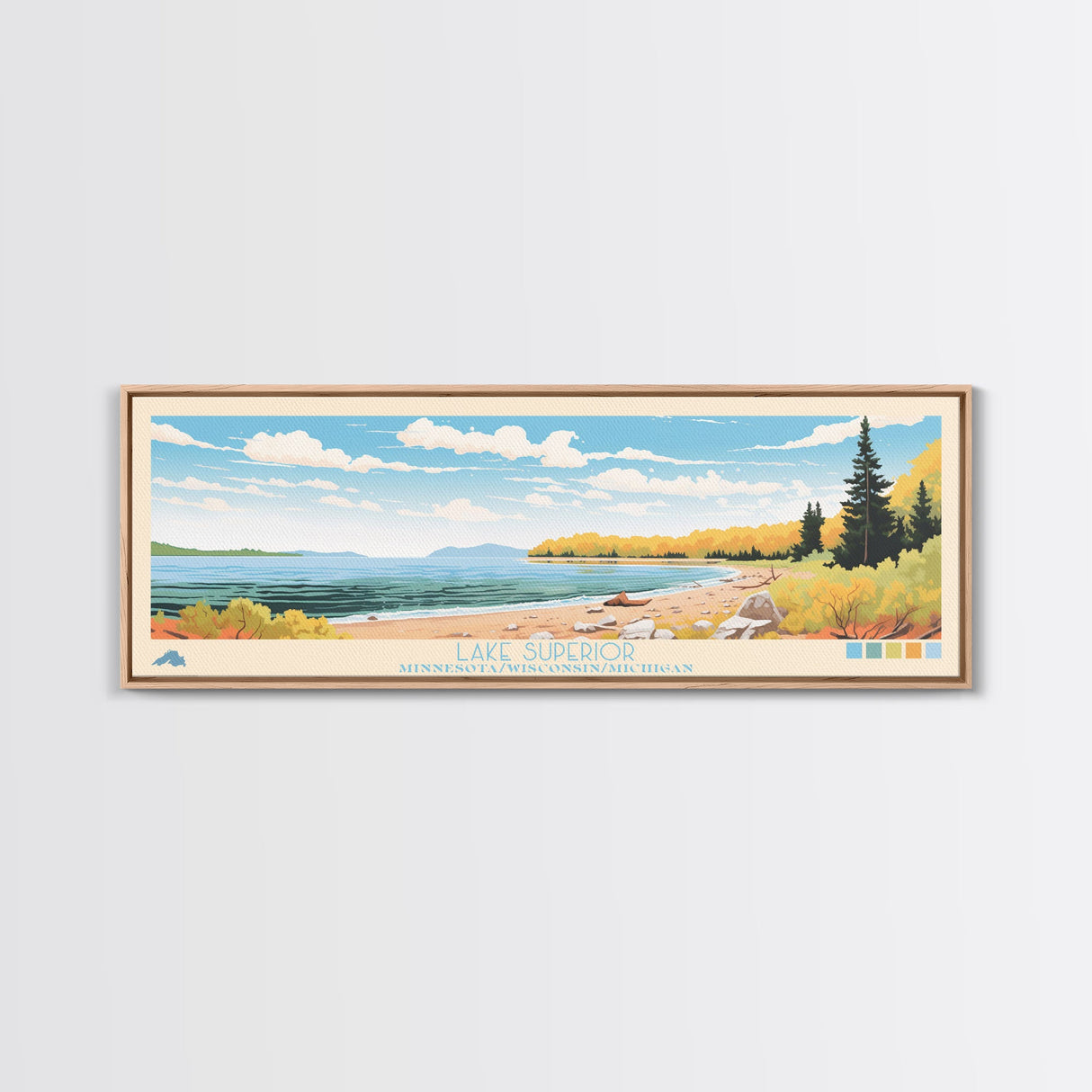 Lake Superior MinnesotaWisconsinMichigan Framed Canvas Print, Panoramic Wall Art, Midcentury Modern, Pop Art, Living Room Decor, Travel Poster, Lake House Art