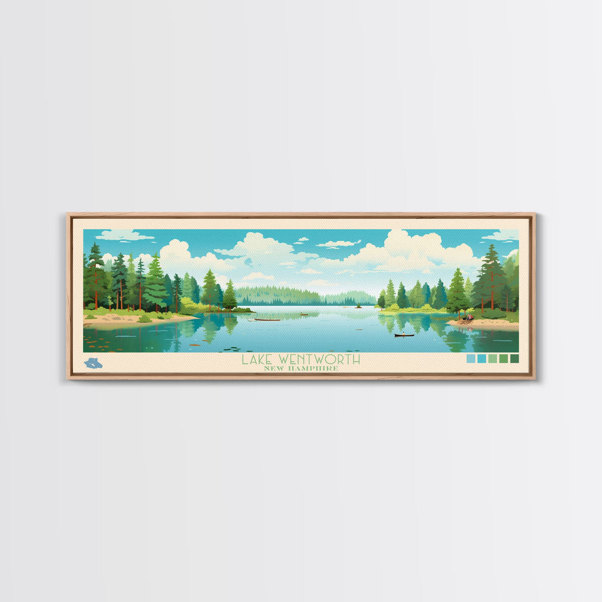 Lake Wentworth, New Hampshire Panoramic Wall Art Framed Canvas Print, Midcentury Modern, Pop Art, Home Decor, Travel Poster, Living Room Art