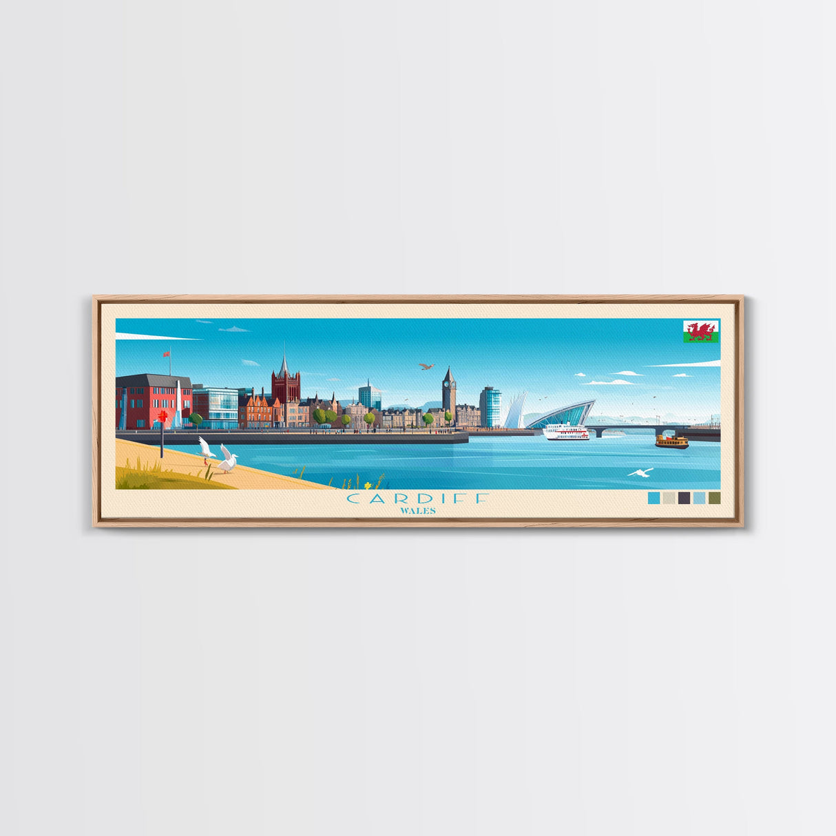Cardiff, Wales Travel Poster Panoramic Canvas Print, Cardiff, Wales Painting, Wales Art, Cardiff Travel Art, Guest Room Painting
