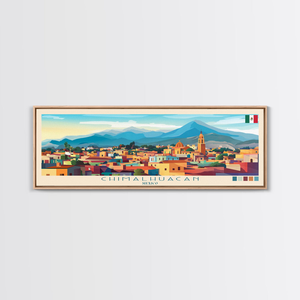 Chimalhuacan, Mexico Panoramic Travel Poster Canvas Print, Chimalhuacan, Mexico Painting, Mexico Art, Chimalhuacan Travel Art, Guest Room Painting