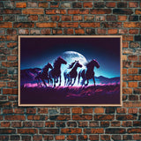 Wild horses running in the moonlight, vaporwave art, framed canvas print