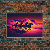 Wild Arabian Horses - Vibrant synthwave nature art, framed canvas print