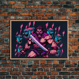Barbarian pixel art, vaporwave RPG concept art, framed canvas print