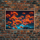 Gold fish art, Aquarium canvas print, framed ocean wall art, school of koi