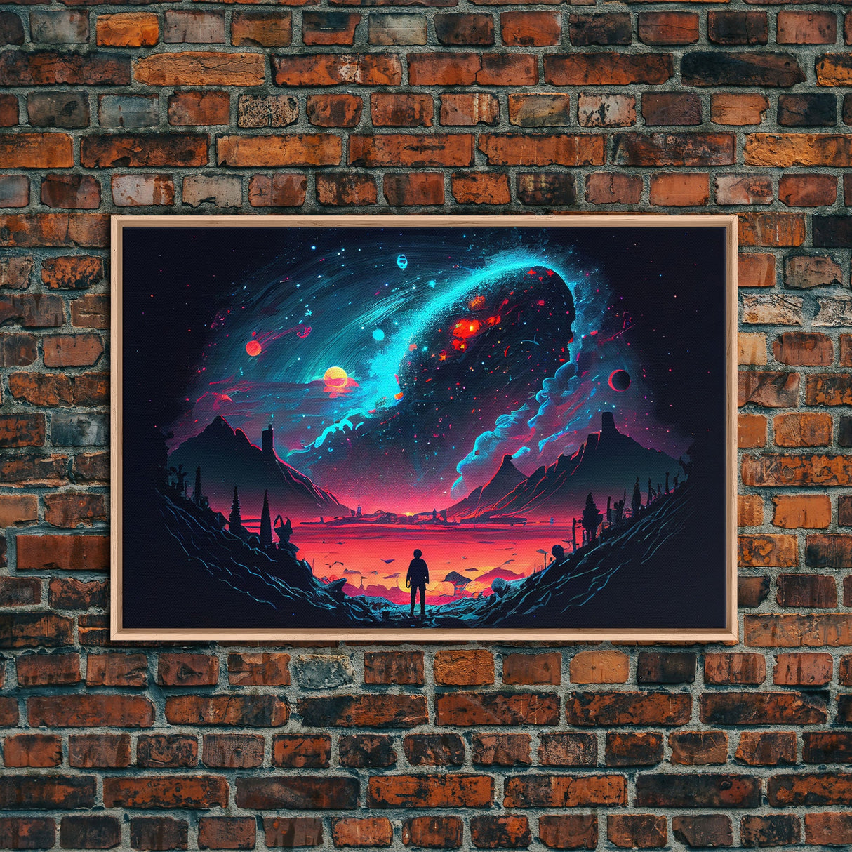 Strange new worlds among  the stars, scifi retrowave art, framed canvas print, unique wall art