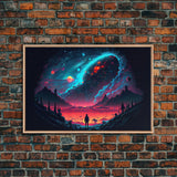 Strange new worlds among  the stars, scifi retrowave art, framed canvas print, unique wall art