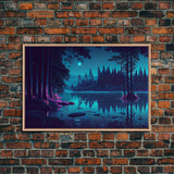 Vaporwave Full moon over the lake at midnight, framed canvas print, subdued art, watercolor painting print
